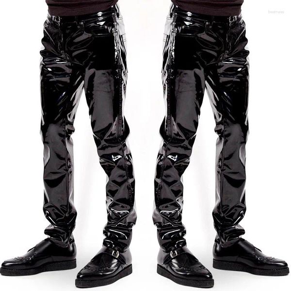 Pantaloni da uomo Pantaloni da uomo in ecopelle PVC Clubwear neri slim fit da discoteca pantaloni da ballo da moto per uomo