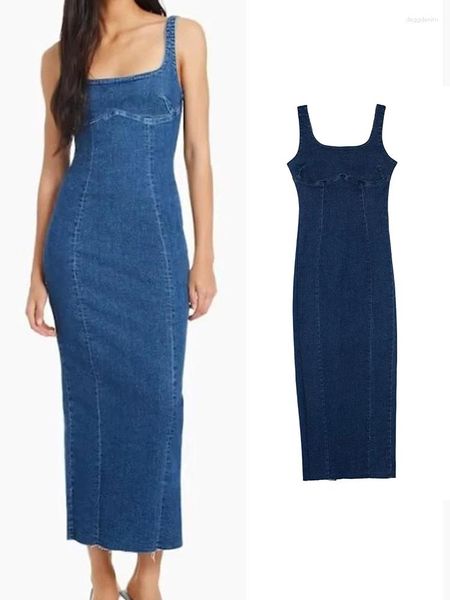 Casual Kleider Sexy Frauen Mode Strap Denim Kleid Vintage Ärmel Zurück Reißverschluss Split Mantel 2023 Sommer Urlaub Strand Vestidos