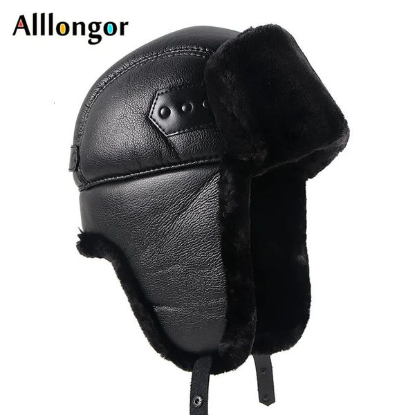 Trapper Chapéus Chapéu De Esqui Russo Homem Bomber De Couro Macio Inverno Quente Pele Preta Earflaps Caps Com Abas De Orelha Ushanka Pai Soviético 231130