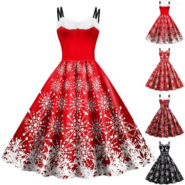 Vestidos casuales elegante retro vintage vestido de hepburn estilo inglaterra correas espaguetis alces impresión navideña sexy swing traje pinup llamarada