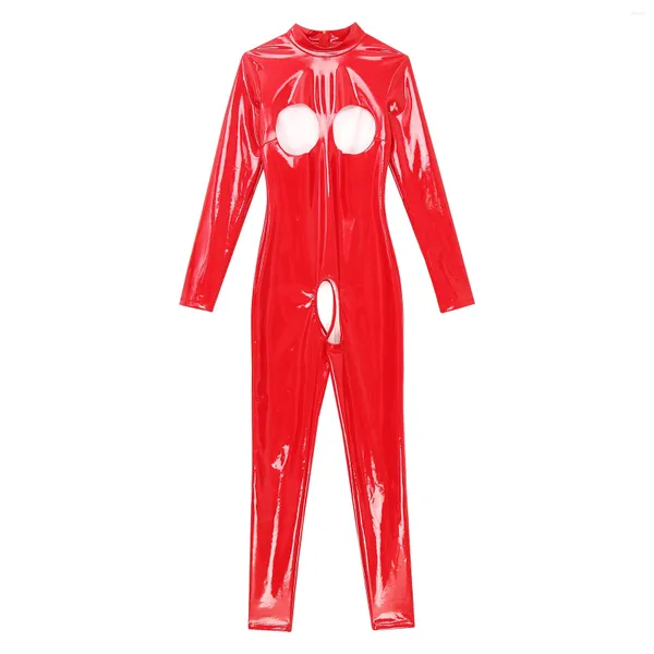 Costumi da bagno da donna Tuta scavata senza cavallo da donna Petto aperto Manica lunga Catsuit Clubwear Collo a lupetto Cerniera posteriore Body in pelle verniciata