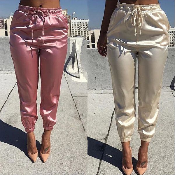 Mulheres Leggings Elastic Cintura Alta Calça Marca Jogger Sweatpants Cetim Moda Rosa Lápis Streewear Calças de Fitness Pantalon Femme 231201