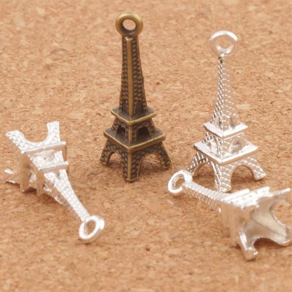 Pendenti con ciondoli piccoli in lega 3D Parigi Torre Eiffel 100 pezzi / lotto MIC Bronzo placcato argento Elegante 22mm 4mm L448302I