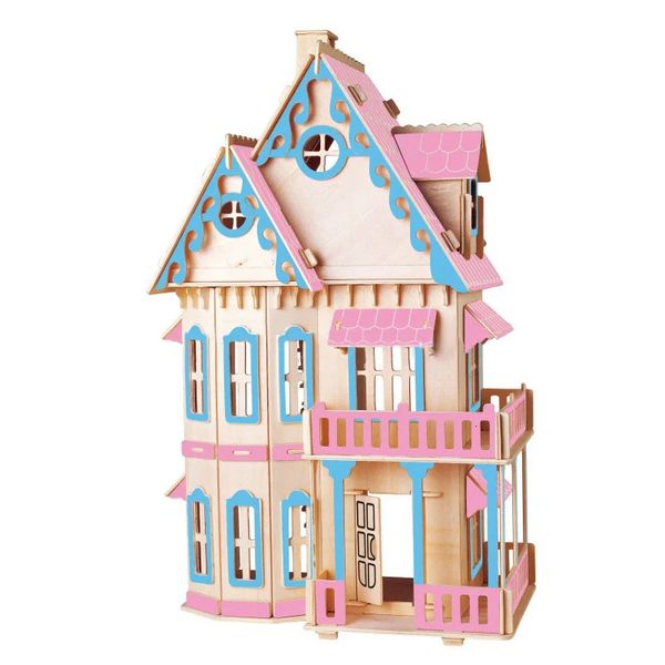 3D-Puzzles, pädagogisches 3D-Holzhaus-Spielzeug, DIY-Kits, gotische Villa, Hausbau-Spielzeugmodelle, bemaltes Farbpuzzle für Kinder, Geburtstagsgeschenk 231130