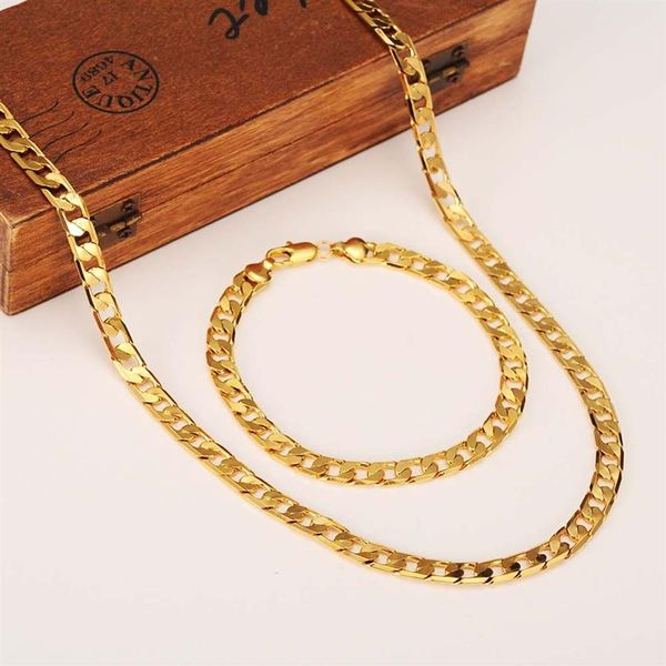 Corrente masculina feminina 18 k dourado curb link amarelo sólido g f colar de ouro pulseira 7mm conjuntos de joias249l