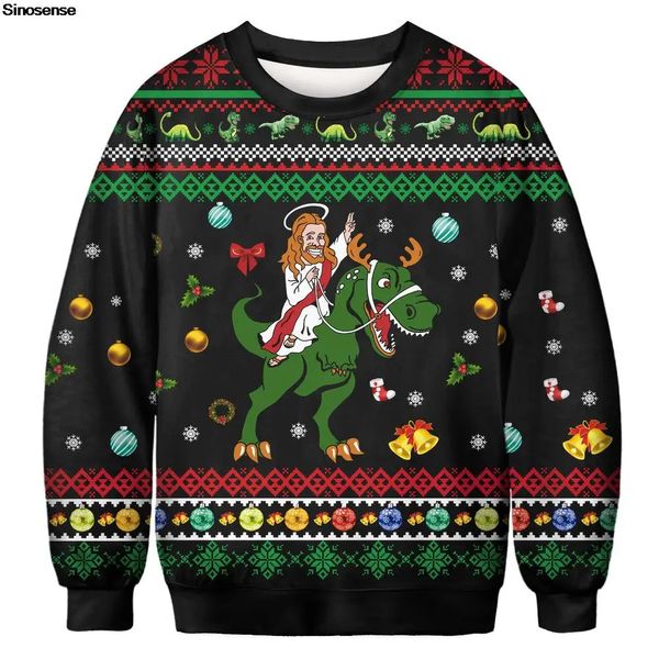 Maglioni da uomo Uomo Donna Gesù cavalca dinosauro Brutto maglione di Natale Maglione Top 3D Palla di Natale Campana Calzino Fiocco di neve Stampato Felpa natalizia 231130