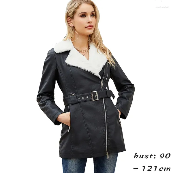 Casacos de trincheira femininos casaco de couro de alta qualidade para mulheres tamanho grande forro de pelúcia com cinto inverno 2023 roupas elegantes - preto marrom azul