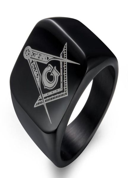 Anéis de cluster Hip Hop Masonic Titanium Ring Homens Mason Square Flat Aliança Aniversário Banda de Casamento para Masculino Preto Ouro Color3832471