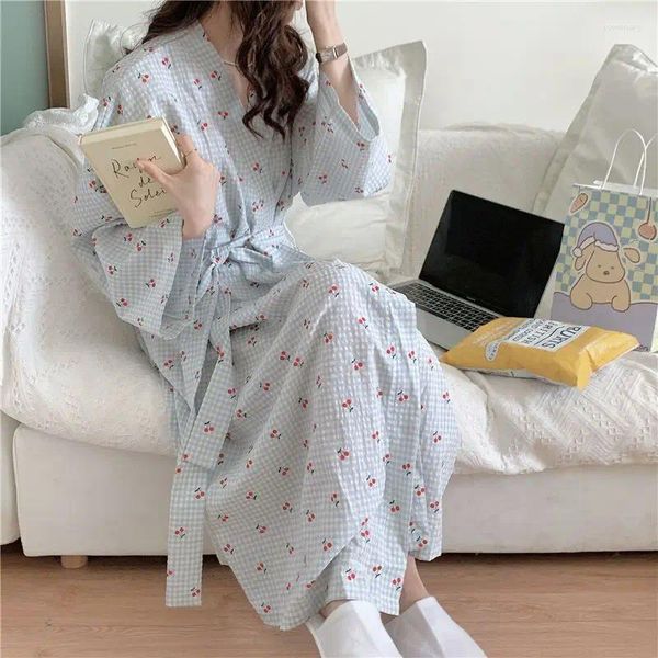 Pijamas femininos pijamas casa roupas robe manga longa primavera outono quimono homewear pijamas lingerie erótica roupão feminino vestido de verão