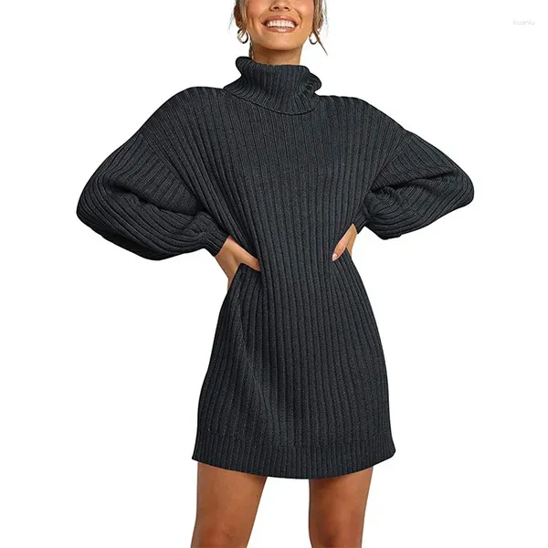 Camisolas femininas senhoras oversized gola alta com nervuras camisola longa malhas de alta qualidade preto rolo pescoço jumpers vestido para mulher