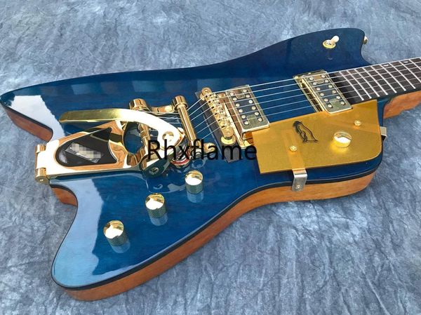 Disponibile Chitarra elettrica Thunderbird blu scuro Rilegatura corpo nero Bigs Tremolo Bridge Hardware dorato Battipenna scintillante dorato Intarsio miniatura