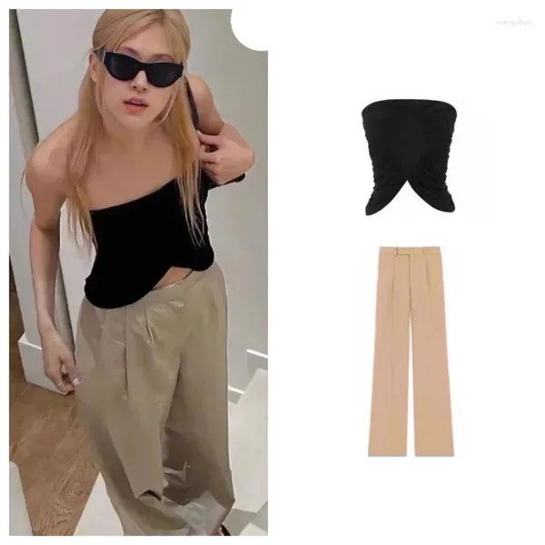 Frauen Zweiteilige Hosen Kpop Koreanische Sommer Schwarz Schlitz Off-Schulter T-shirt Schlank Crop Tops Frauen Streetwear Lose gerade Anzug Set