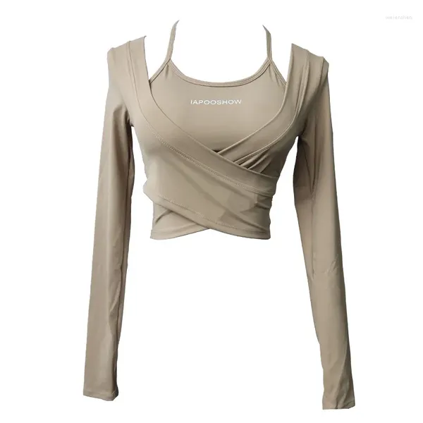 Yoga roupa sutiã esportivo falso 2 peças terno superior feminino outono e inverno correndo roupas de fitness de mangas compridas com almofadas no peito