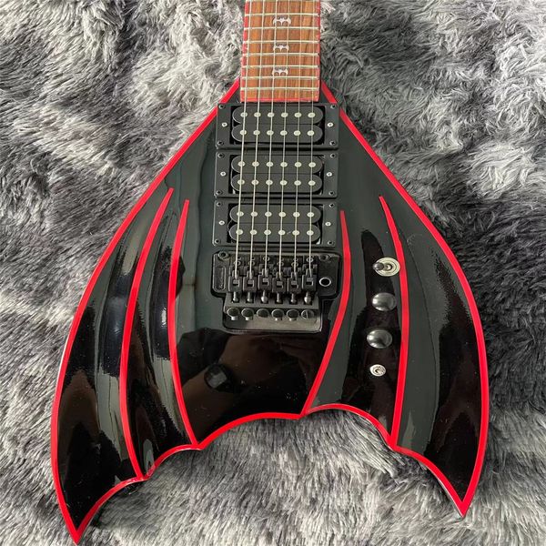 Guitarra elétrica de alta qualidade de 6 cordas, formato de morcego listrado preto e vermelho, pode ser personalizada