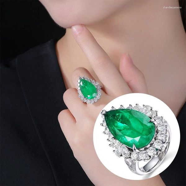 Cluster anéis forma de pêra noivado verde azul vermelho cristal zircão anel de casamento lágrima presente de aniversário para ela