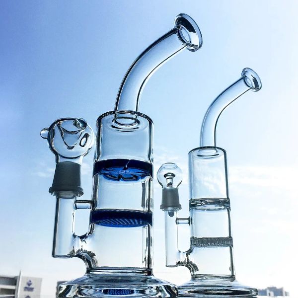 Narghilè blu trasparente da 10 pollici a nido d'ape Perc Bong in vetro Turbina Disco Percolatore Olio Dab Rigs Tubi dell'acqua congiunti da 18 mm con ciotola LL