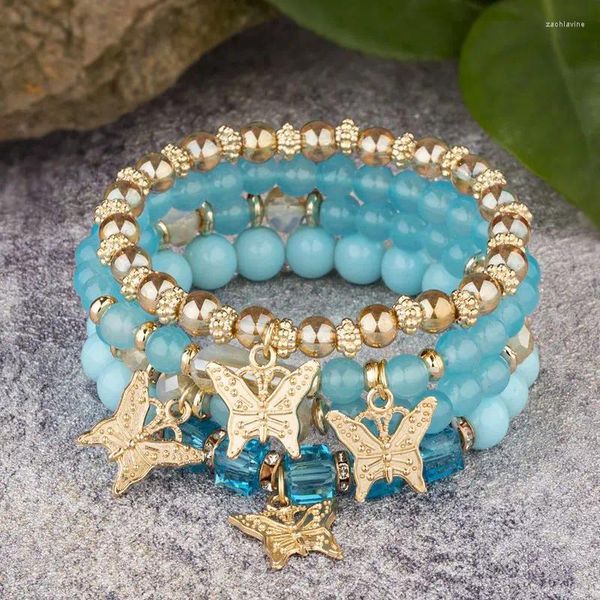 Braccialetti a maglie Catene di perline di cristallo blu della Boemia per le donne Regali di gioielli con ciondoli esotici di moda multistrato vintage a forma di farfalla