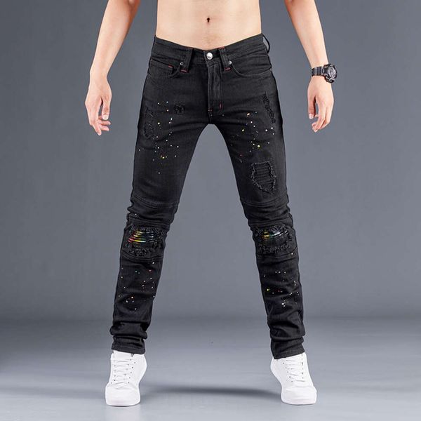 Pantaloni da uomo strappati neri con stampa colorata slim fit elasticizzato patchwork effetto consumato pantaloni hip hop uomo biker jeans streetwear homme