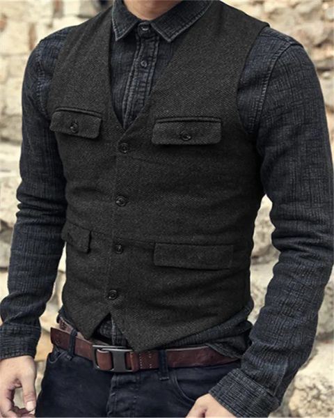 Gilet da uomo Gilet da uomo Marrone Borgogna a spina di pesce Tweed di lana Vintage Steampunk Gilet formale da lavoro per uomo Matrimonio 231130