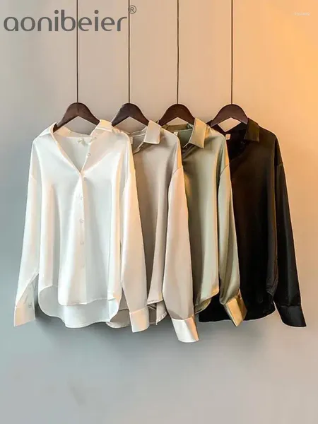 Blusas femininas aonibeier y2k branco feminino blusa casual 2023 outono manga longa botão-up cetim solto camisa feminina alta baixa superior fino
