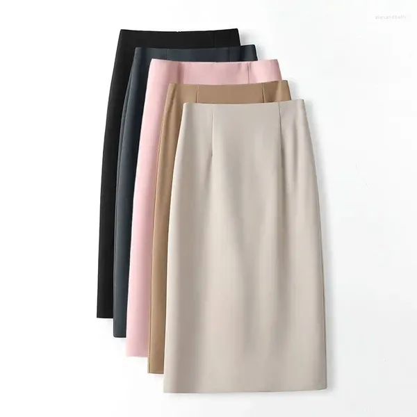 Saias de comprimento médio rosa uma linha básica casual fino ajuste zíper sólido jupe maxi preto faldas mujer vintage cintura alta harajuku roupas