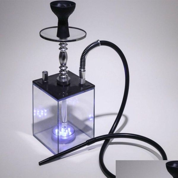 Zigarrenzubehör 25 cm arabische Wasserpfeife mit Licht Fl Set SF Acryl LED Square Pot Bar Nachtclub Rauchen Wasser Factory Outlet in Drop Dh3Fy