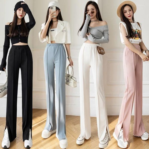 Calças femininas moda cintura alta split hem mulheres casual streetwear calças magras femininas meninas vintage bell-bottoms gota