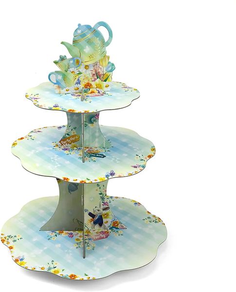 Ferramentas de bolo Tea Party Dobrável Cartão Cupcake Display Stand Cup Bolo Titular para Meninas Festa de Aniversário Suprimentos Primavera Flor Tema Festa 231130