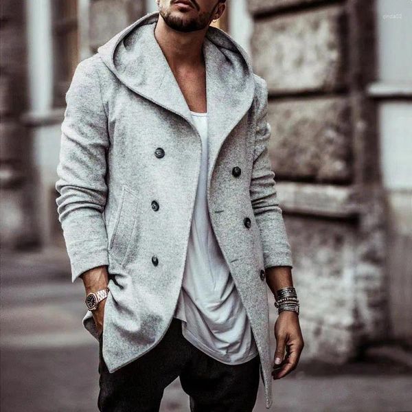 Giacche da uomo Cappotto invernale in lana da uomo Casual sciolto manica lunga giacca di lana con cappuccio Abbigliamento autunnale da uomo Trench con bottoni moda streetwear