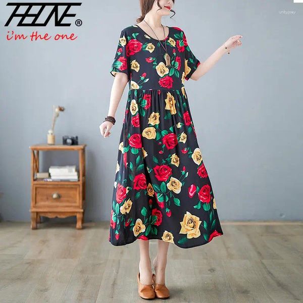 Partykleider Vestido Feminino Sommerkleid für Frauen 2023 Blumendruck Pullover A-Line Loose Retro Casual Vintage Vestidos Long Maxi