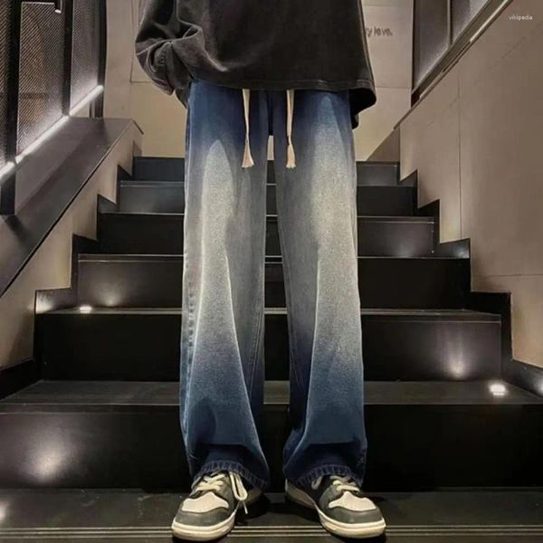 Jeans masculinos hip-hop estilo retro-inspirado calças de comprimento total perna larga virilha profunda cintura elástica para hip hop streetwear cordão