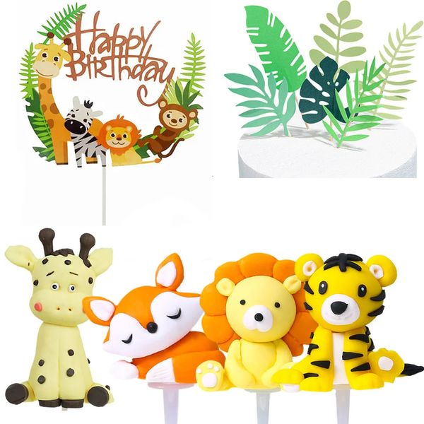 Ferramentas de bolo 6 unidades / pacote Jungle Cake Toppers Set Criança Aniversário Decoração Safari Animais Girafa Leão Argila Macia Tartaruga Folha Suprimentos 231130