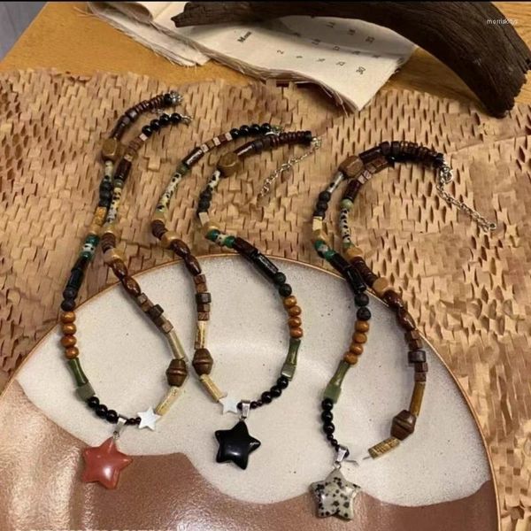 Anhänger Halsketten Vintage Schwarz Seil Choker Handgemachte Naturstein Perlen Stern Halskette Für Frauen Pullover Kette Ästhetischer Schmuck