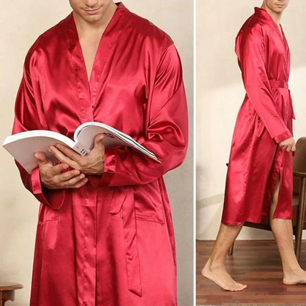 Homens sleepwear homens primavera outono roupão macio respirável cetim v pescoço com laço acima cinto de cintura mangas compridas bolsos ideal para