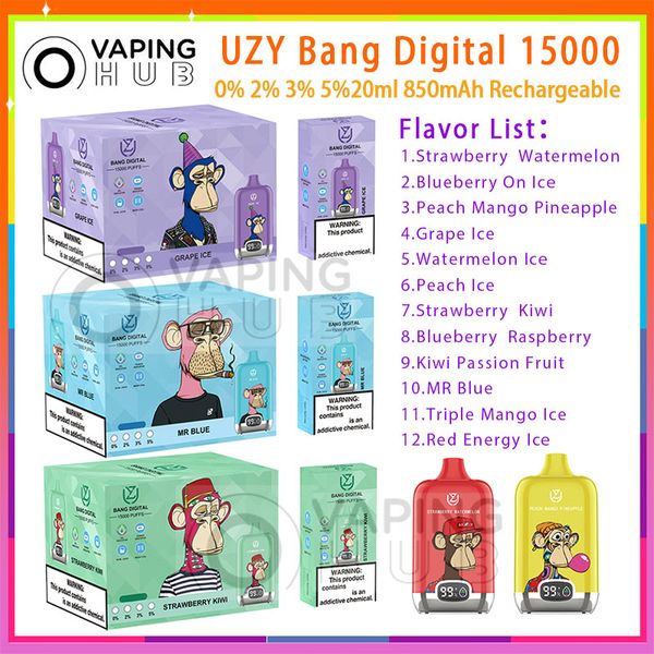 UZY Bang Digital 15000 Vape descartável Pen Mesh Coil recarregável 850mAh Bateria Vapers 0%2%3%5%Nível 20ml Pod pré-preenchido 12Flavors Puffs 15k Dispositivo vaporizador