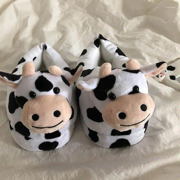 Chinelos coreano dos desenhos animados de pelúcia leite vaca algodão bonito feminino inverno calor interior plana sapatos peludos ins estilo casa anti-skid