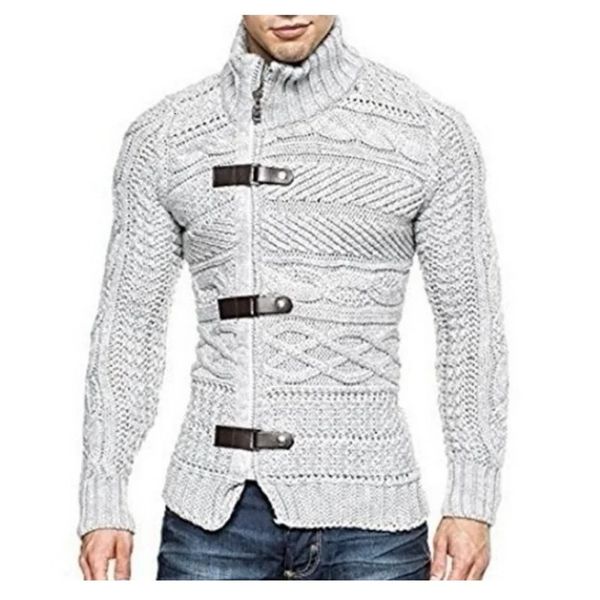 Suéter masculino gola alta 3 fivela de couro manga comprida tops de malha para outono e inverno fino zíper cardigan jaqueta masculina 231130