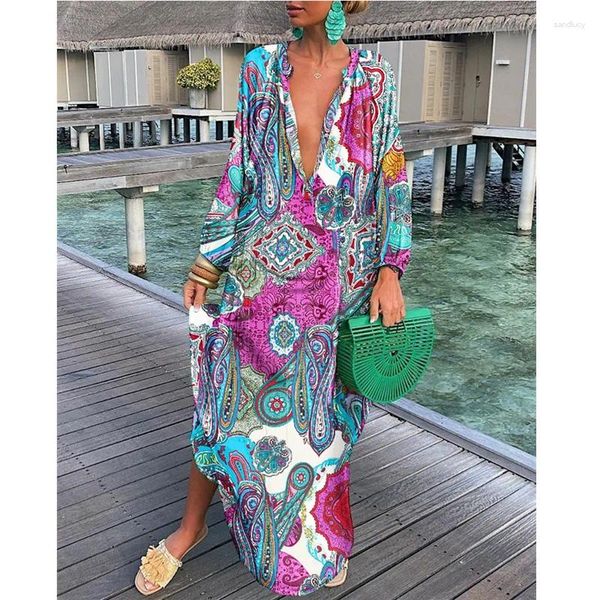 Vestidos casuais mulheres vintage maxi 2023 verão sexy profundo decote em v manga longa boho impressão vestido feminino praia cobrir elegante robe