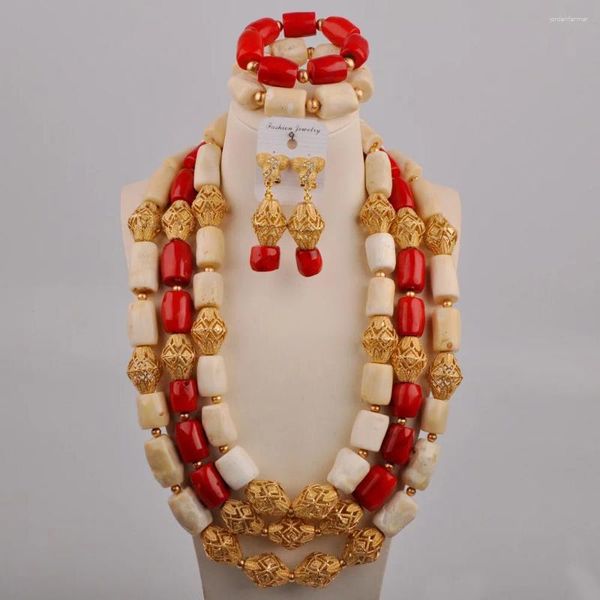 Collana di orecchini set colore misto corallo naturale bianco e rosso accessori per abiti da festa africani gioielli da sposa nigeriani AU-659