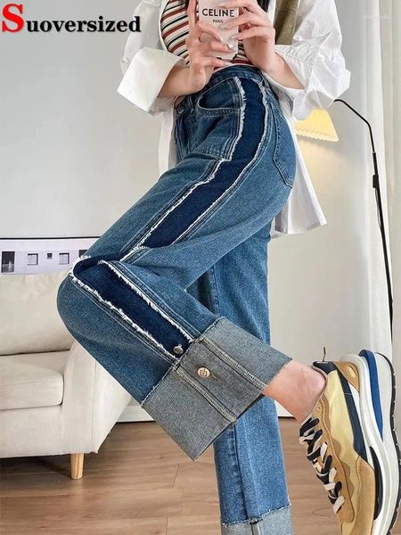 Jeans da donna Polsini larghi Design Pantaloni dritti Moda Patchwork Pantaloni larghi da donna Vaqueros Pantaloni a vita alta Tendenza Denim Pantalones