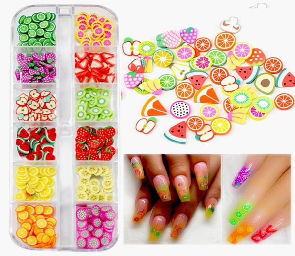 12 Muster Nail Art Obstscheiben Dekorationen Polymer Clay DIY Bunte Nagel Pailletten UV Gel Maniküre 3D Niedliche Charms Zubehör7338161