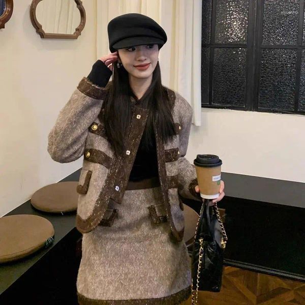 Zweiteiliges Kleid UNXX 2023 Winter Koreanische Retro High-End-Mellow Tweed Zweireiher Woolen Kurze Jacke Und Rock Set Mode Weibliche Mädchen