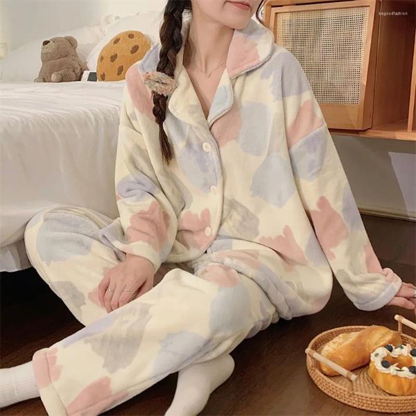 Mulheres sleepwear outono inverno simples meninas manga longa cardigan casa pijama 2023 lapela solta quente top calças casuais de duas peças mulheres