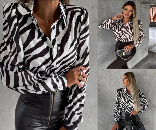 Kadın bluzları Avrupa ve Amerikan Sonbahar Moda Sıradan Basit Dantel Yukarı Cep Gömlek Yakası Düzensiz Zebra Desen Giysileri