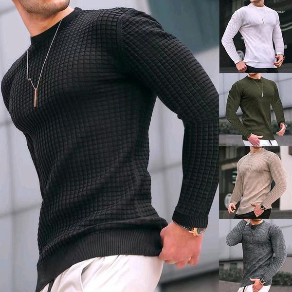Мужские футболки, модный повседневный приталенный вязаный свитер с длинным рукавом, пуловер, мужской круглый воротник, осенне-зимние топы, хлопковая футболка