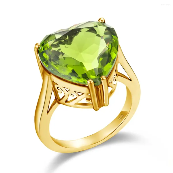 Anéis de cluster Coração Corte 15 15mm Anel Peridoto Ouro para Mulheres Olive Green Stone Artesanato Namoro Tendência Jóias Casamento Casamento Presente