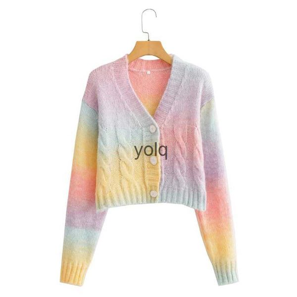 Suéteres femininos mulheres pu manga longa camisola cardigan torção cabo de malha v-ne malhas casaco botão para baixo gradiente arco-íris jaetyolq