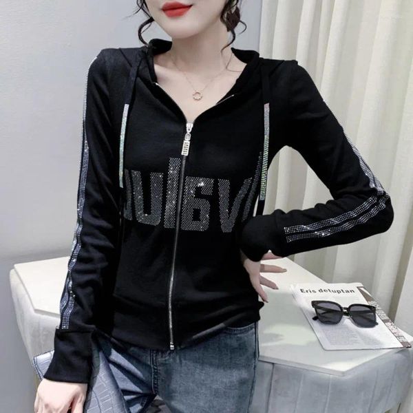 Hoodies femininos # 8384 preto cinza mulheres moletom tops pullovers diamantes letras slim streetwear curto mulher zíper estilo coreano