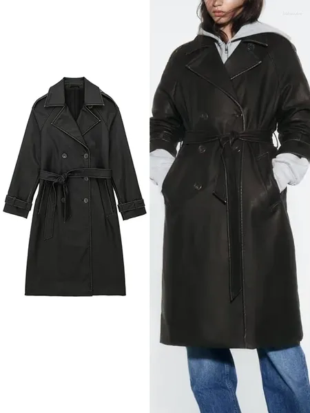 Damen Trenchcoats Damenmode mit Gürtel Kunstledermantel Vintage Distress Langarm Pattentaschen Weibliche Oberbekleidung Schicker Mantel