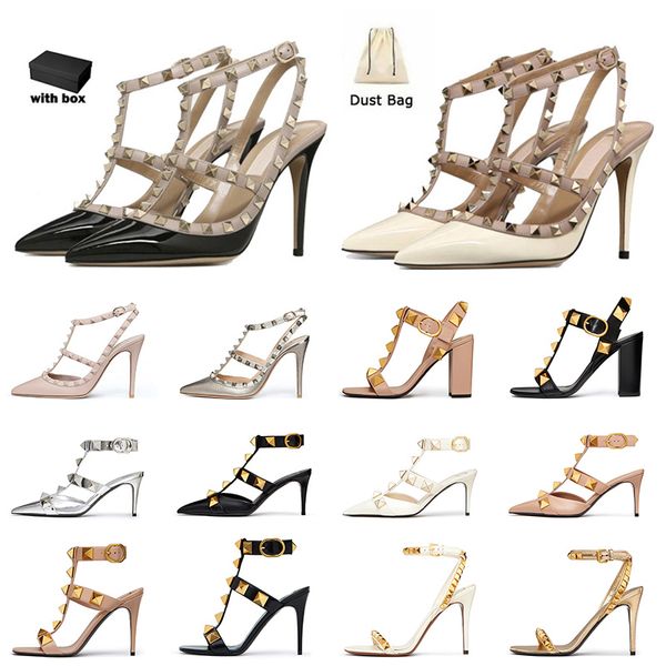 Damen-Luxus-Designer-Schuhe, 10 cm hoher Absatz, schwarzes Leder, Schnallenriemen, Käfig-Absätze, Sandalen, Stilettos, spitze Zehen, Knöchelriemen, Nieten, Abendschuh, mit Box